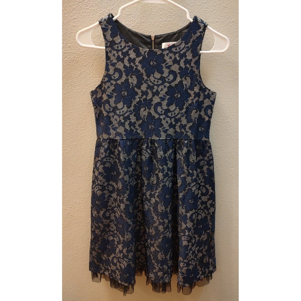 Justice Size 12  Navy Blue Black Lace Floral Silver Shimmer Dress Ruffled Trim